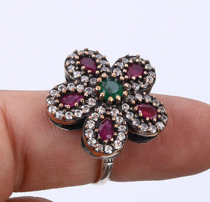 Flower Ring with Rubies, Emeralds, Topaz in Silver with Bronze Edgings