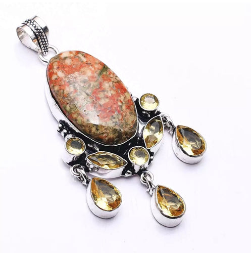 Unakite with Citrine drops, Pendant with complimentary chain
