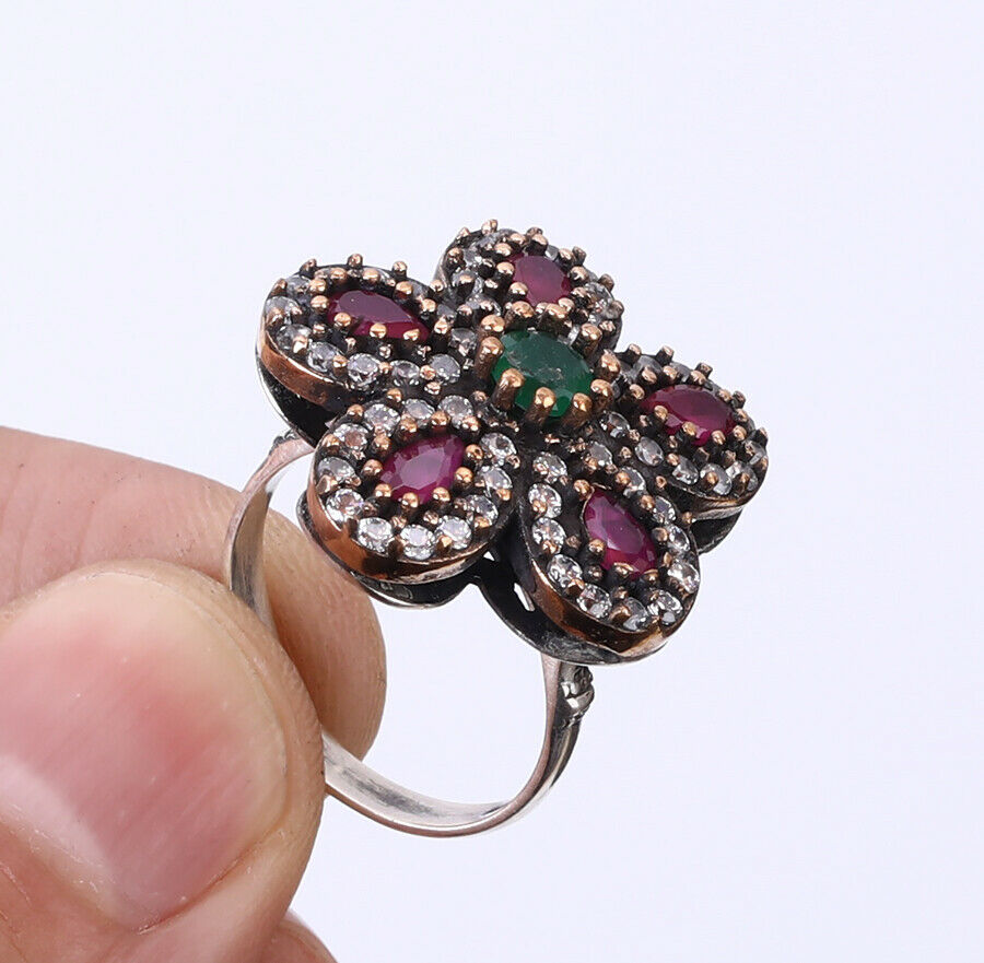Flower Ring with Rubies, Emeralds, Topaz in Silver with Bronze Edgings