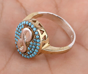 Tiny Turquoise Beads in Eternity silver ring with bronze edgings