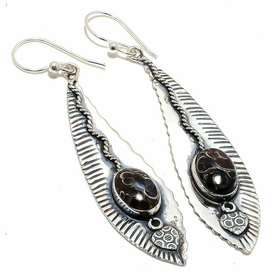 Long Silver Earrings in Zinc Black Turquoise